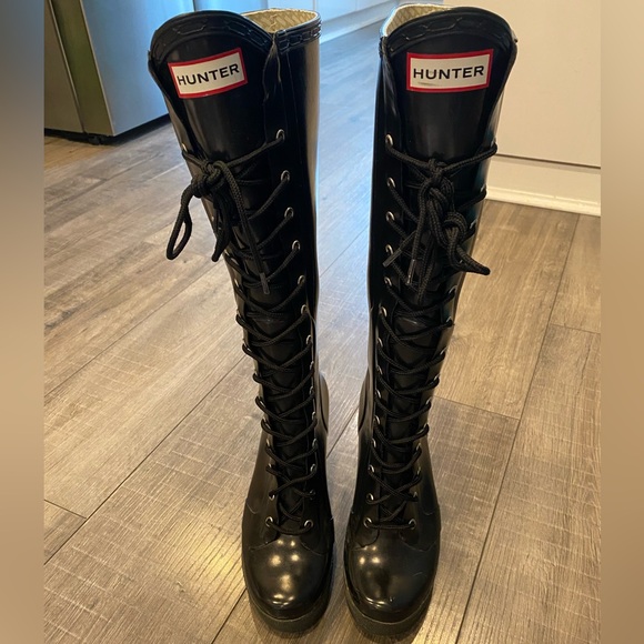 Rare Hunter Black Lace-Up Knee-High Boots - Picture 2 of 7